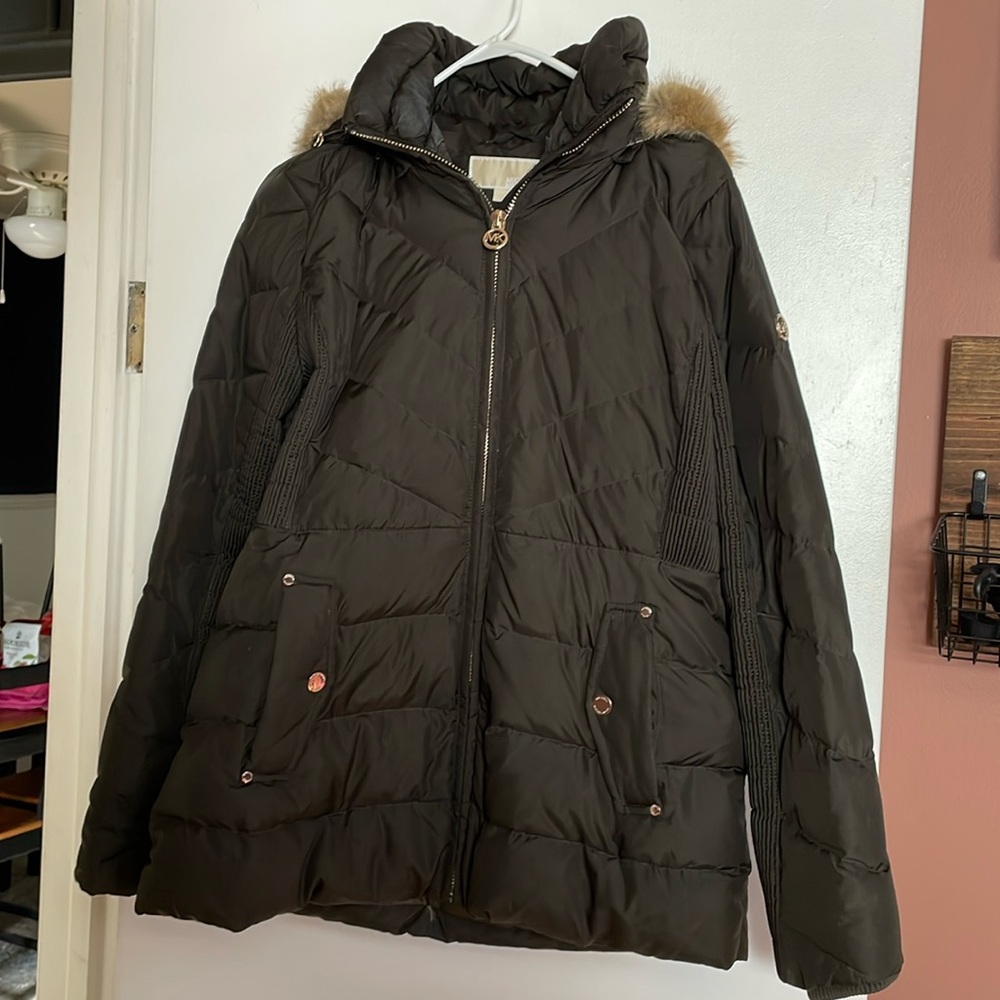 Michael Kors Womens Down Coat Puffer Faux Fur Trim Hood